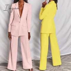 Ingvn - Women's Coats Blue Long Sleeves Workwear Outfits Female Solid Office Formal Chic Pockets Summer pants Sets Conjunto Femenino