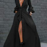 Button Front Tied Waist Dress, Elegant Lantern Sleeve A-line Maxi Length Dress For Spring & Fall, Women's Clothing