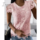 Ingvn - Women's Shirt Blouse Black White Pink Plain Lace Short Sleeve Casual Basic Round Neck