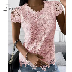 Ingvn - Women's Shirt Blouse Black White Pink Plain Lace Short Sleeve Casual Basic Round Neck