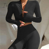 Ingvn - Winter Women 2 Two Piece Set Long Sleeve Crop Tops Tshirt Leggings Pants Set Bodycon Sport Fitness Tracksuit