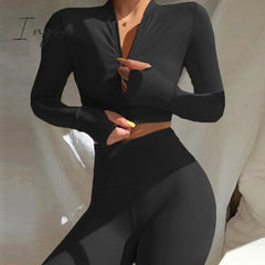 Ingvn - Winter Women 2 Two Piece Set Long Sleeve Crop Tops Tshirt Leggings Pants Set Bodycon Sport Fitness Tracksuit