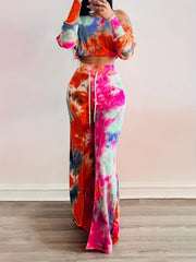 Two-piece Set, Long Sleeve Crop Top & Drawstring Wide Leg Pants Outfits, Casual Tie Dye Women's Clothing