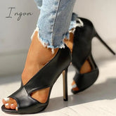 Ingvn - Solid Peep Toe Cut Out PU Thin Heels