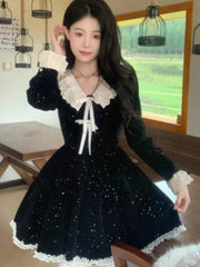 Elegant Lace Patchwork Velvet Dress Women French Style V-Neck Long Sleeve Slim A-Line Party Robe Vintage Evening Prom Vestidos