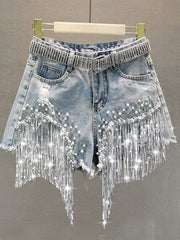 S-5XL Waist Beads Tassel Women'S Denim Shorts Summer Beading Wide Leg Thin Oversized Jeans Korean Streetwear Women Clothes