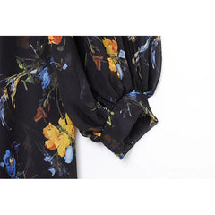 Floral Print Loose Midi Long Dresses Women Turtleneck Lantern Sleeve Boho Vestidos Spring Summer Lady Vacation Dress