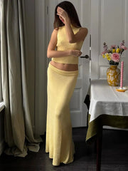 Elegant Knitwear 2 Piece-Set Long Dress Female Ribbed Sweater Pullover And Loose Patchwork Maxi Skirt Sets Ladies Outfits