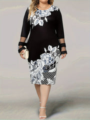 Plus Size Elegant Dress, Women's Plus Floral Print Contrast Mesh Bell Sleeve Round Neck Bodycon Midi Dress