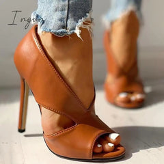 Ingvn - Solid Peep Toe Cut Out PU Thin Heels