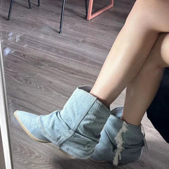 Ingvn Pointed Toe Denim Women Western Cowboy Boots Fashion Slip On Short Booties Retro Style Autumn Winter Female Shoes