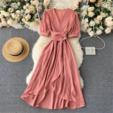 Ingvn - Women Summer Midi French Dress Sweet V-Neck Puff Sleeve High Waist Elegant Solid Woman Dresses Female Clothing New Year