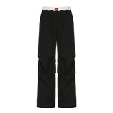 Contrast Lace Stitching Wide Leg Pants Streetwear y2k Low Rise Loose Black Trousers for Women Korean Fashion Baggy Capris