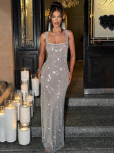 Sequins Backless Sexy Maxi Dress For Women Gown Fashion Sparkle Square Collar Sleeveless Bodycon Club Long Dress