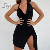 Ingvn - 2023 Summer New Women's Wear Halter Neck Hollow Strappy Slit Sexy Fashion Dress Sexy Backless Irregular Strappy Evening Dress