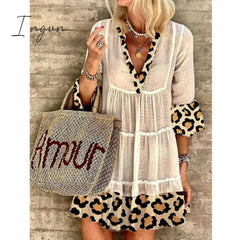Ingvn - Summer Women's Fashion Leopard Print Stitching Cotton and Linen Dress Loose Casual Bohemian Mid-length Dress Party Beach Dress
