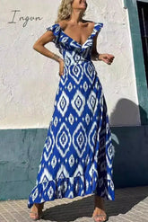 Sexy Geometric Print Flounce V Neck A Line Dresses