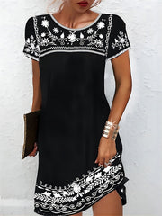 Vibrant Floral Print Short Sleeve A-Line Dress - Comfortable Crew Neck, Above Knee Length, Casual Chic Style for Spring & Summer - Women's Clothing for Everyday Wear