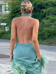 Sexy Backless Irregular Feather Hem Long Dress Women Fashion Sleeveless Bodycon Halter Dresses New Evening Party Robes