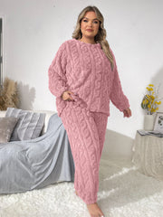 Plus Size Casual Pajamas Set, Women's Plus Solid Textured Long Sleeve Round Neck Warm Flannelette & Joggers Loungewear Two Piece Set