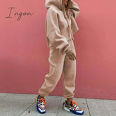 Ingvn - Fashion Loose Casual Hoodie Suit Two Piece Set Womens Tracksuits Womens Solid Color Two Piece Sets Thick Warm Suits