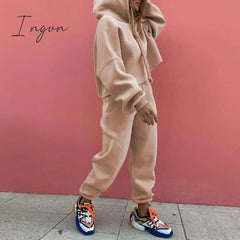 Ingvn - Fashion Loose Casual Hoodie Suit Two Piece Set Womens Tracksuits Womens Solid Color Two Piece Sets Thick Warm Suits