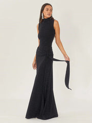 Sexy Shiny Women's Long Dress Slim Fit Party Evening Woman Dress Female Pleated Ribbon Sleeveless Vesidos Autumn