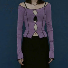 Ingvn - Spring Outfits Sexy solid hollow out top long sleeve O-neck t-shirt woman casual Autumn Spring top