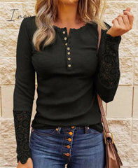 Ingvn - Lace Splicing Top Long Sleeve T Shirt Woman Button Slim Tops Tee Autumn Spring Patchwork Sleeve T-shirt Women Sexy Streetwear