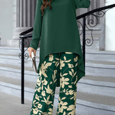 Two Piece Set: Solid Long Sleeve Crew Neck Top & Floral Print Wide Leg Pants for Spring & Fall, Women's Elegant Outfits