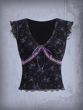 Floral Print Mesh Splicing V-neck Top, Vintage Ruffle Trim Slim Top For Spring & Summer, Women's Clothing For Coquette/Cute/Y2K Style