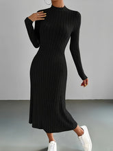 Chic Ribbed Black Midi Dress - Comfortable Mock Neck & Long Sleeves - Perfect for Any Occasion