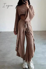 Ingvn - Casual Solid Frenulum Flounce Slit O Neck Long Sleeve Two Pieces