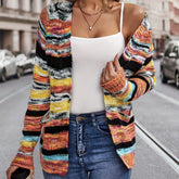 Rainbow Striped Open Front Cardigan, Casual Long Sleeve Cardigan For Spring & Fall, Women's Clothing