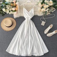 Ingvn - New Summer Women Sexy V Neck High Waist A-line Party Tank Sundress Elegant Bandage Bow Long Dress Vestidos Multicolour