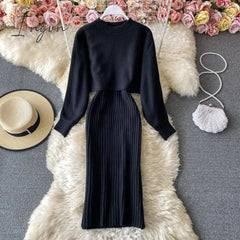 Ingvn - New Fashion Autumn Winter Women's Thicken Warm Knitted Pullover Sweater Two-Piece Suits +High Waist dress Set