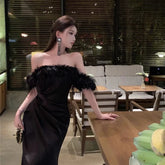 White Formal Dress High-end Luxury Niche French Temperament One Shoulder Dress Women's Autumn Birthday Gift Solid Color Dresses