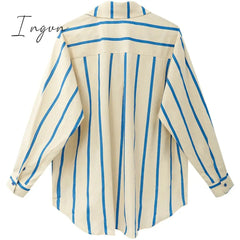 Ingvn - Women's Blue Stripe Shirts Polo Collar Rabbit Embroidery Long Sleeves Vintage Casual Fashion Baggy Ladies Blouse Tops Spring