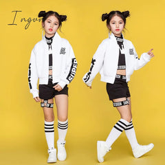 Ingvn - Children Hip Hop Dance Costumes Kids Street Dance Clothing White Jacket Black Vest Shorts Girls Dancewear Stage Outfit