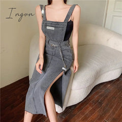 Ingvn - Sleeveless Women Denim Suspender Dress Spring New Midi Skirt Blue Korean Fashion Polo Collar Streetwear Female Braces Slit Dress