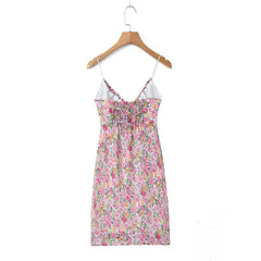 New Women Lace Spliced Floral Print Spaghetti Strap Sexy Dress Sleeveless V Neck Female Holiday Summer Dress Short