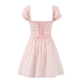 Women Sexy Elegant Pink Mini Dress Vintage Puff Sleeve Slim Low Waist Holiday Party Dresses Lacing Up Back Summer Robe