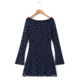 Niche French Style Retro Hot Girl Flocking Pattern Horn Sleeve Long Sleeve Slim-fit Hip Sexy dress Skirt for Autumn