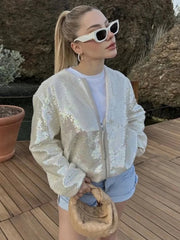 Ingvn O-neck Sequins Bomber Jackets for Women Autumn Fashion Zip-up Long Sleeve White Coats Streetwear Female Tops Outerwears