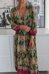 Ingvn - Casual Bohemian Floral Fold V Neck Printed Dresses(4 Colors)