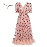 Ingvn - Strawberry Dress Women Fashion Deep V Puff Sleeve Sweet Voile Mesh Sequins Embroidery French Party Dresses 4XL 5XL