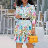 Ingvn - Office Ladies Work Wear Bow Collar Print A-Line Color Block Dress Casual Fit And Flare Pleated Dress Summer Women Fashion
