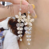 Exquisite Opal Flower Earrings For Women Rhinestone Long Tassel Zircon Earring Girls Wedding Party Temperament Jewelry New
