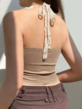 Vintage Bandage Pu Leather Corset Tops Slim Patchwork Lace Halter Sleeveless Crop Tops Women 2025 Spring Summer Fashion