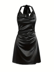 Sexy Satin Cowl Neck Halter Dress - Backless Mini Dress for Evening Party - Women's Clothing